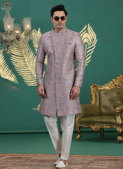 Art Silk Purple Wedding Wear Hand Embroidery Readymade Groom Sherwani 386004