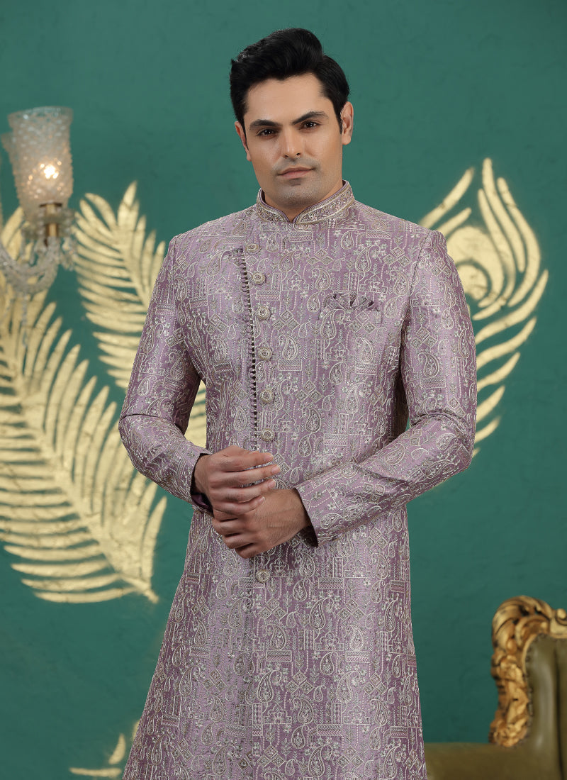 Art Silk Purple Wedding Wear Hand Embroidery Readymade Groom Sherwani 386004