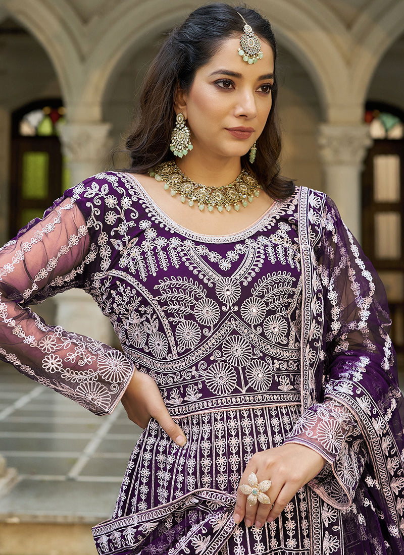 Purple Butterfly Net Embroidery Work Wedding Wear Readymade Anarkali Suit SW438230