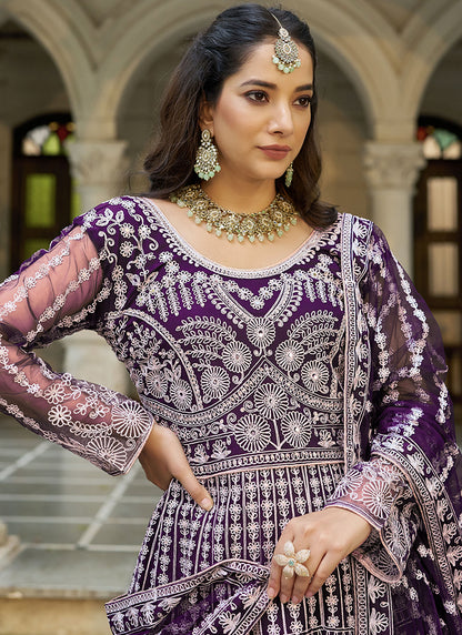 Purple Butterfly Net Embroidery Work Wedding Wear Readymade Anarkali Suit SW438230