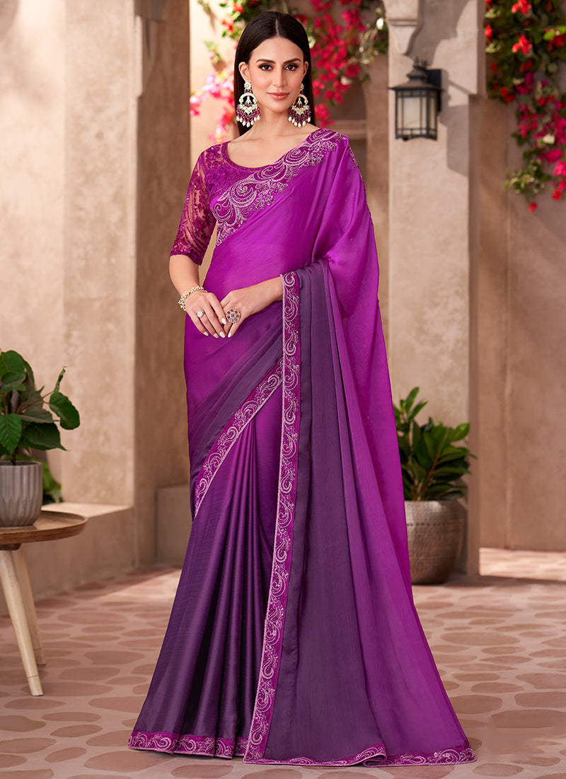 Chiffon Purple Saree with Linen Work for Bridal Wear 380647
