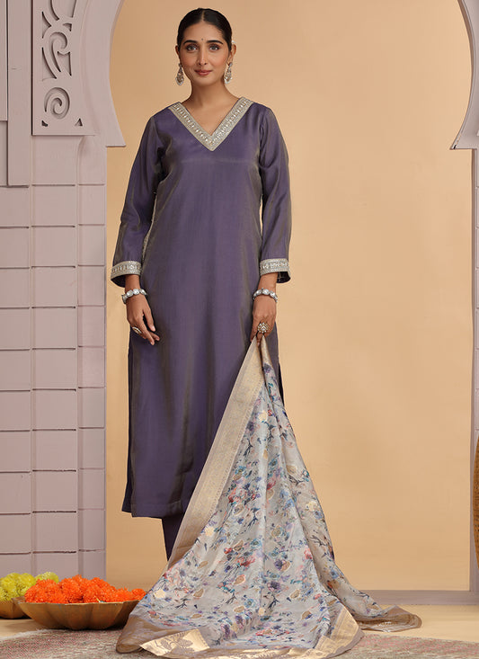 Chiffon Purple Festival Wear Pattern Pc Work Readymade Salwar Suit 386187