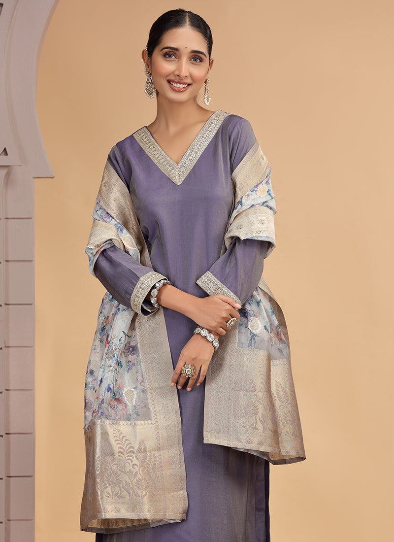 Chiffon Purple Festival Wear Pattern Pc Work Readymade Salwar Suit 386187