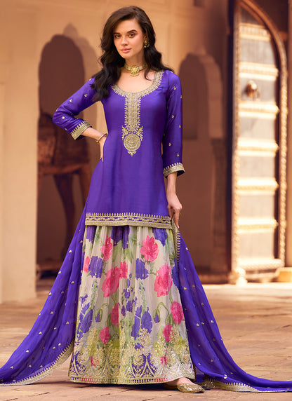 Chinnon Silk Purple Festival Wear Embroidery Work Readymade Sharara Suit 384909