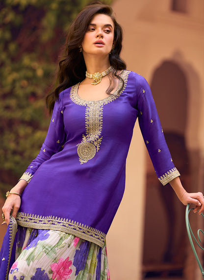 Chinnon Silk Purple Festival Wear Embroidery Work Readymade Sharara Suit 384909