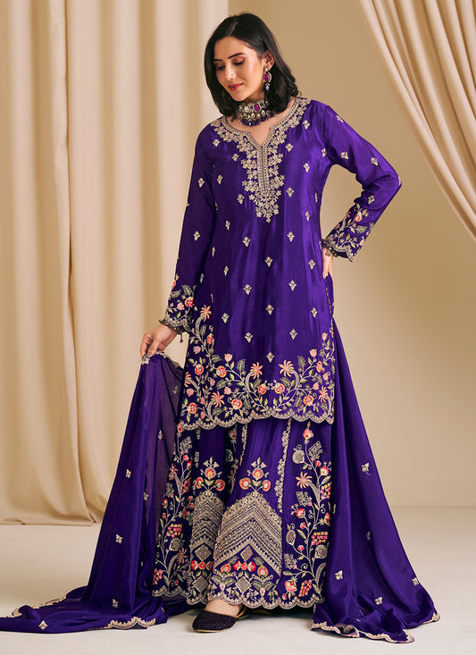 Chinnon Purple Wedding Wear Embroidery Work Readymade Plazzo Suit 385410