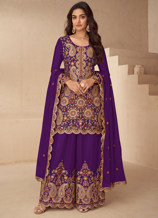 Chinnon Purple Wedding Wear Embroidery Work Readymade Plazzo Suit 385062