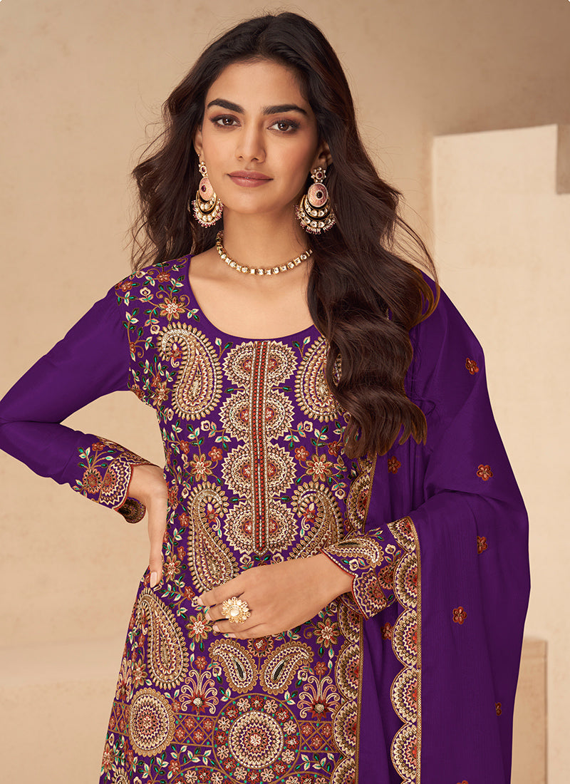Chinnon Purple Wedding Wear Embroidery Work Readymade Plazzo Suit 385062
