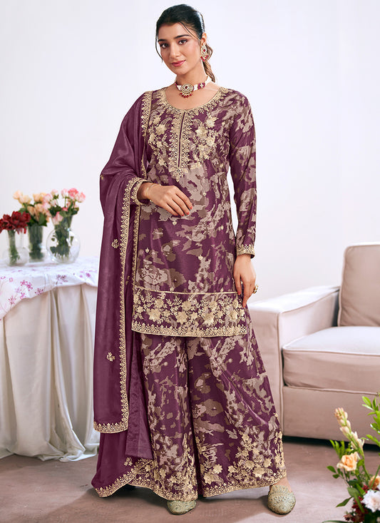 Purple Chinon Embroidery Work Festival Wear Readymade Plazzo Suit SW438723