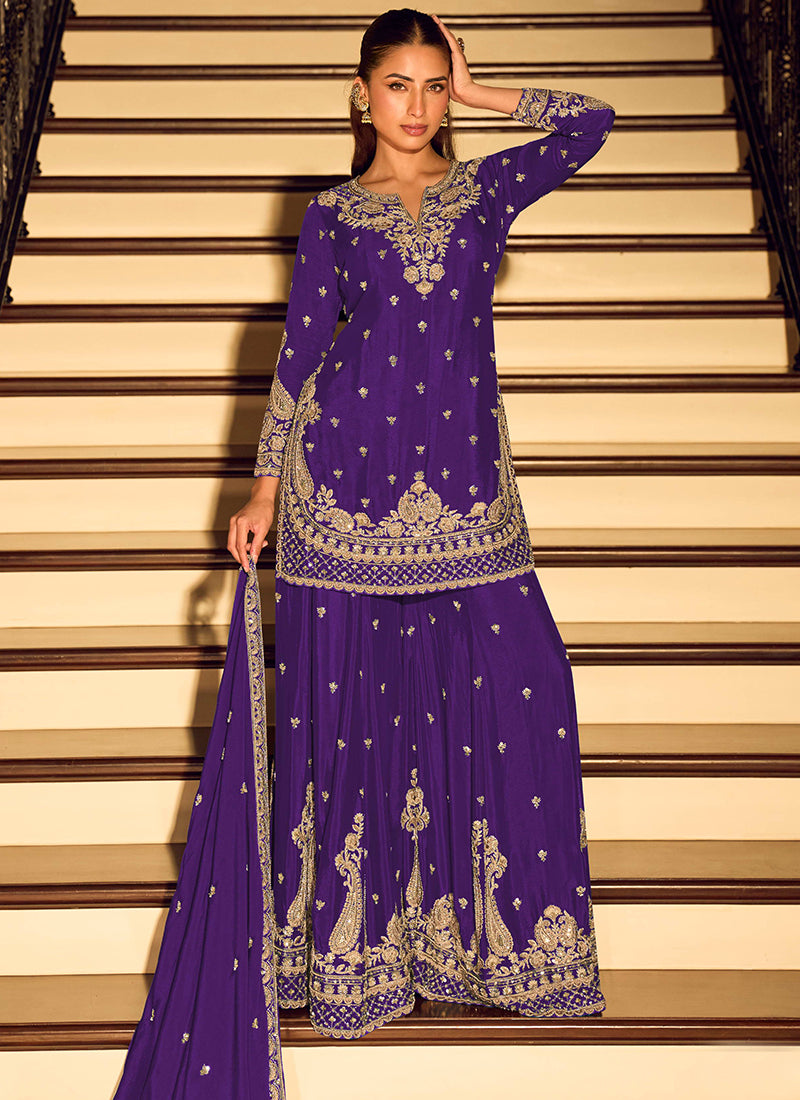 Purple Chinon Embroidery Work Occasional Wear Readymade Plazzo Suit SW291345