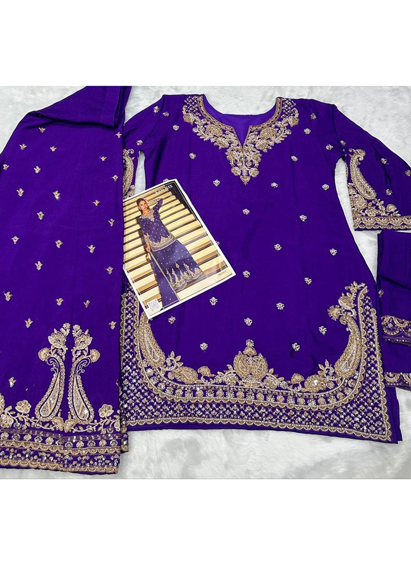 Purple Chinon Embroidery Work Occasional Wear Readymade Plazzo Suit SW291345