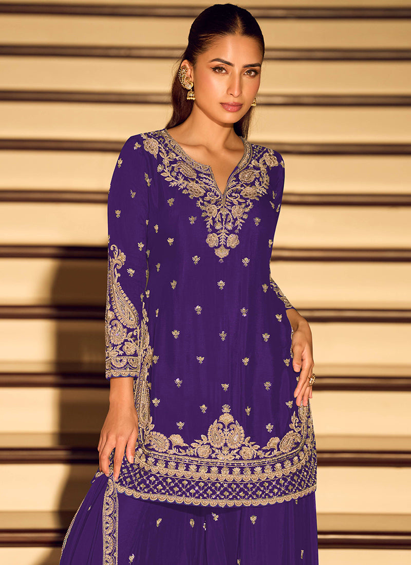 Purple Chinon Embroidery Work Occasional Wear Readymade Plazzo Suit SW291345