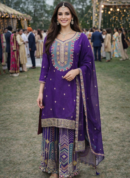 Purple Chinon Embroidery Work Occasional Wear Readymade Plazzo Suit SW839244