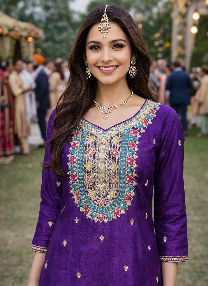 Purple Chinon Embroidery Work Occasional Wear Readymade Plazzo Suit SW839244