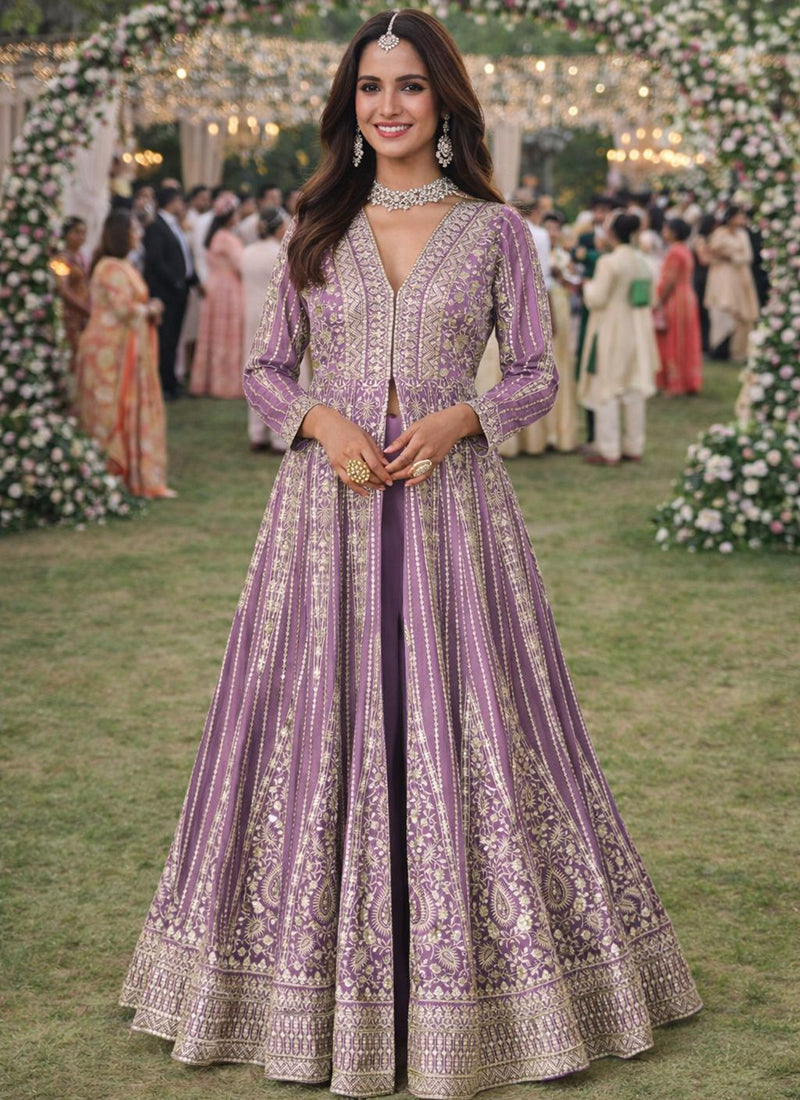 Purple Chinon Silk Embroidery Work Festival Wear Readymade Anarkali Suit SW591557