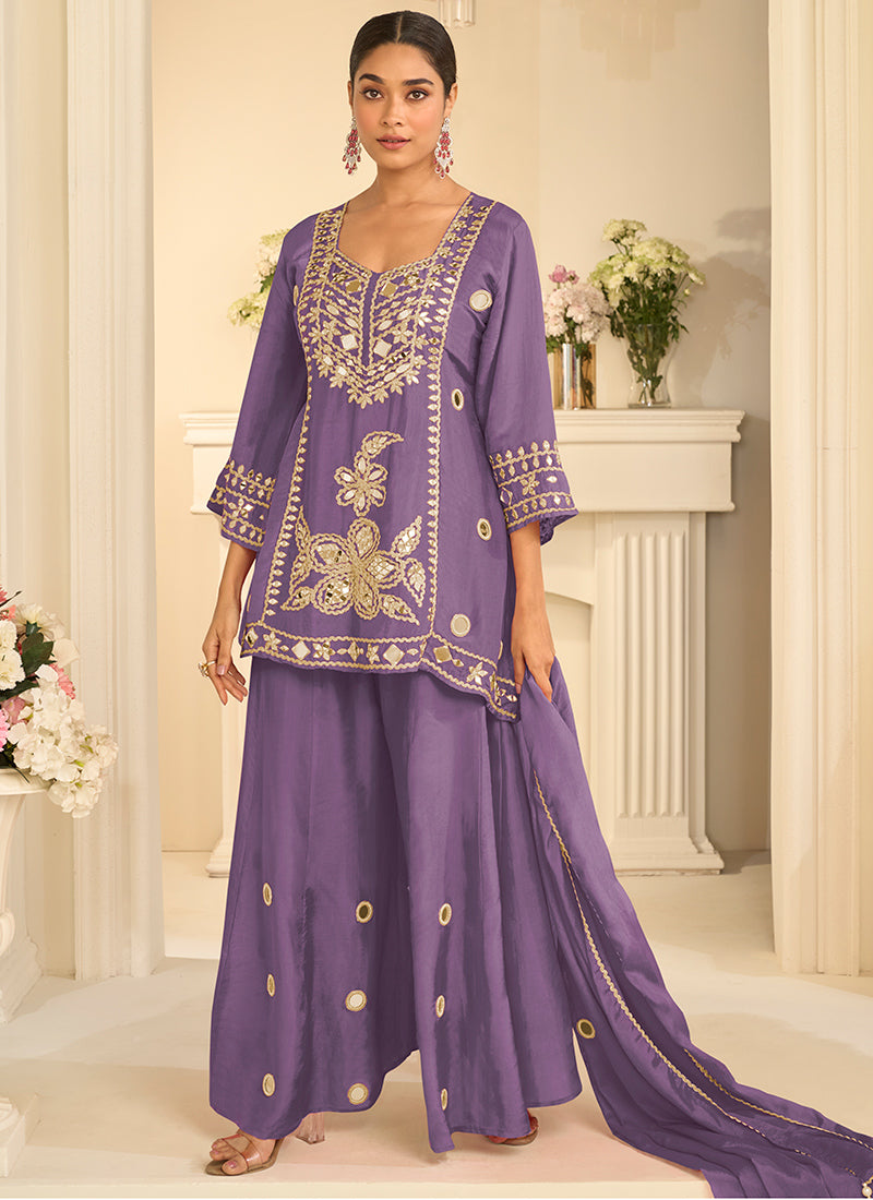 Purple Chinon Silk Embroidery Work Festival Wear Readymade Sharara Suit SW363921
