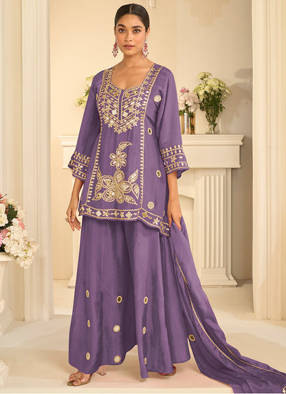 Purple Chinon Silk Embroidery Work Festival Wear Readymade Sharara Suit SW363921