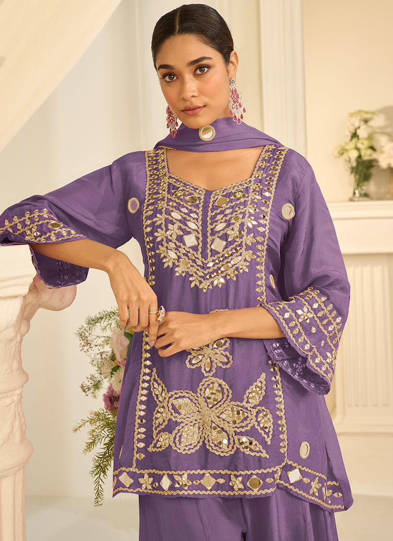 Purple Chinon Silk Embroidery Work Festival Wear Readymade Sharara Suit SW363921