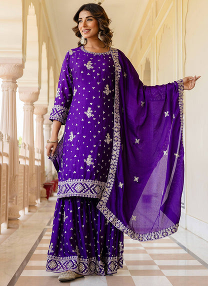 Purple Chinon Silk Sequins Work Festival Wear Readymade Sharara Suit SW334037