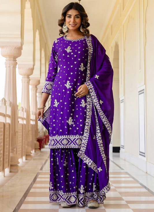 Purple Chinon Silk Sequins Work Festival Wear Readymade Sharara Suit SW334037