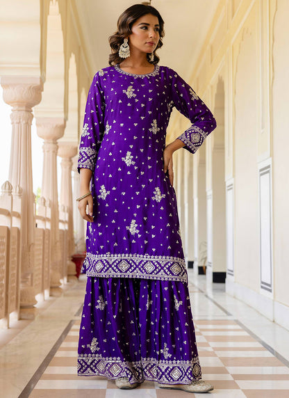 Purple Chinon Silk Sequins Work Festival Wear Readymade Sharara Suit SW334037