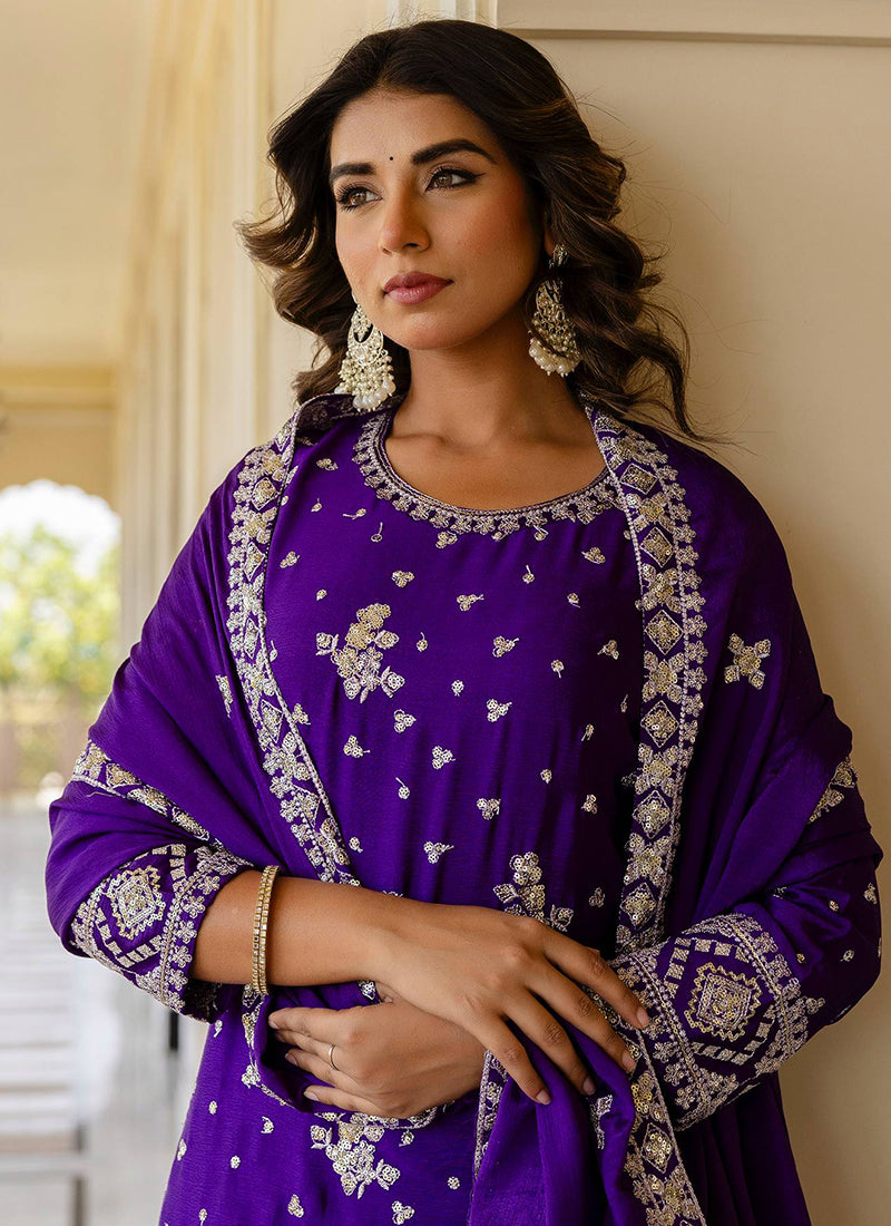 Purple Chinon Silk Sequins Work Festival Wear Readymade Sharara Suit SW334037