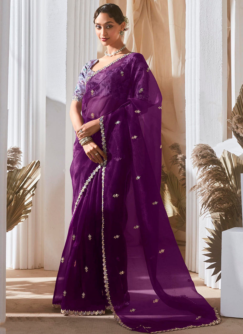 Fancy Purple Bridal Wear Saree with Lace Work 381685