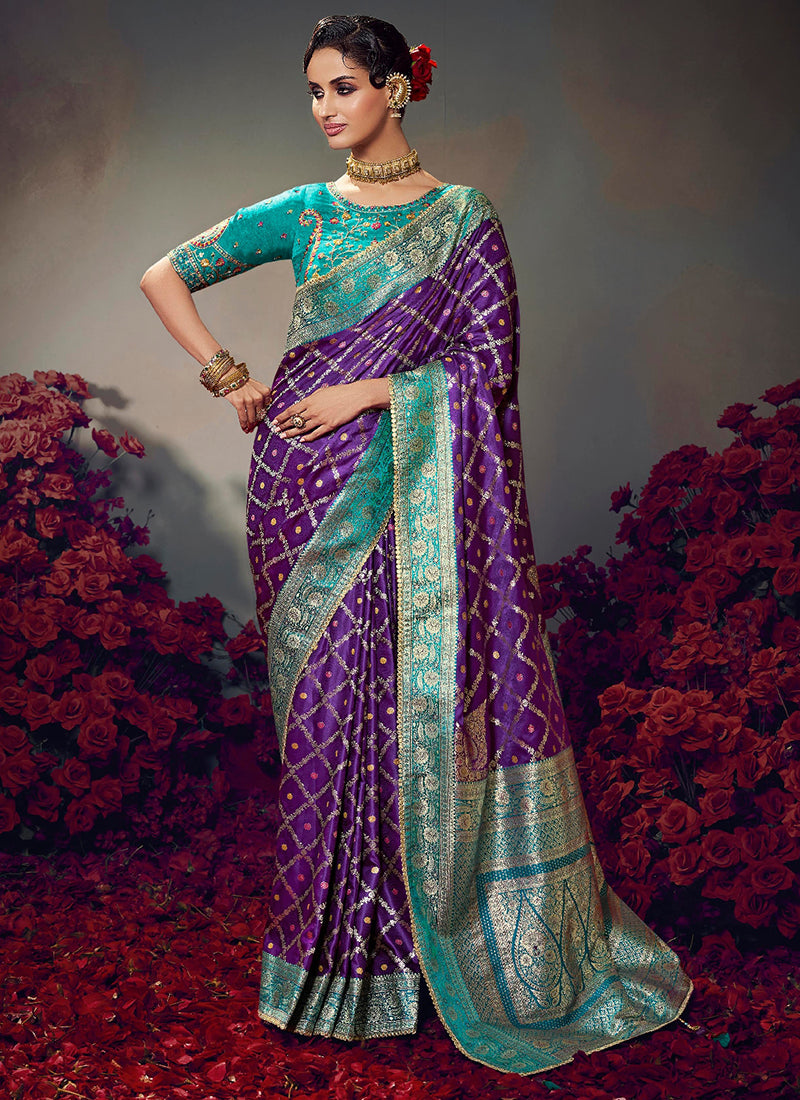 Fancy Fabric Purple Wedding Wear Embroidery Work Saree	385868
