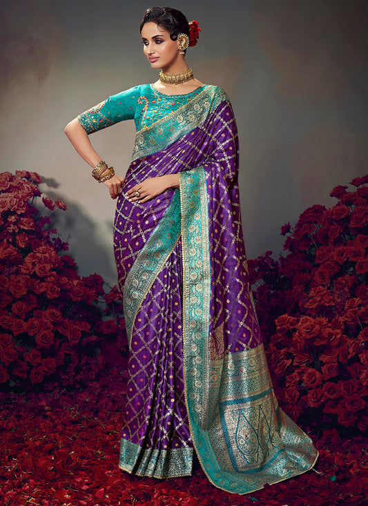 Fancy Fabric Purple Wedding Wear Embroidery Work Saree	385868