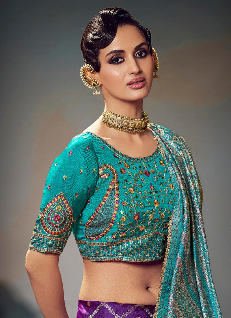 Fancy Fabric Purple Wedding Wear Embroidery Work Saree	385868