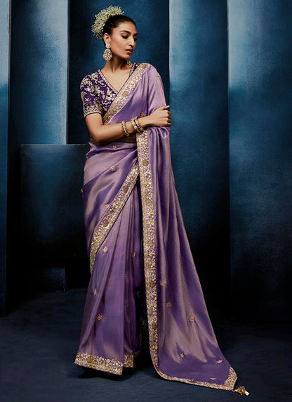 Purple Fancy Silk Embroidery Work Wedding Wear Saree SW658396