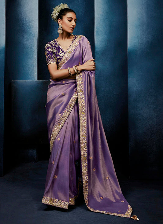 Purple Fancy Silk Embroidery Work Wedding Wear Saree SW658396