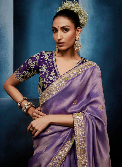 Purple Fancy Silk Embroidery Work Wedding Wear Saree SW658396