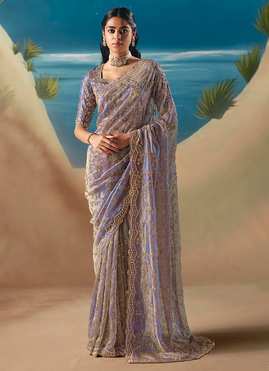 Fancy Purple Saree with Sequins Work for Wedding Wear 385419