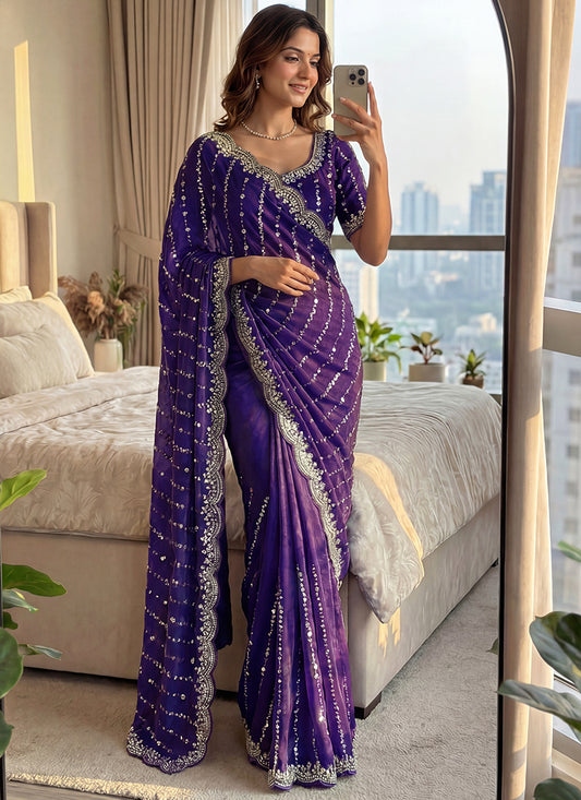 Purple Fendi Satin Sequins Work Festival Wear Saree SW253838