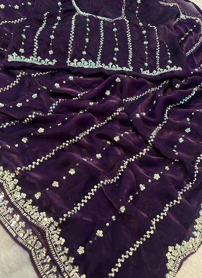 Purple Fendi Satin Sequins Work Festival Wear Saree SW253838