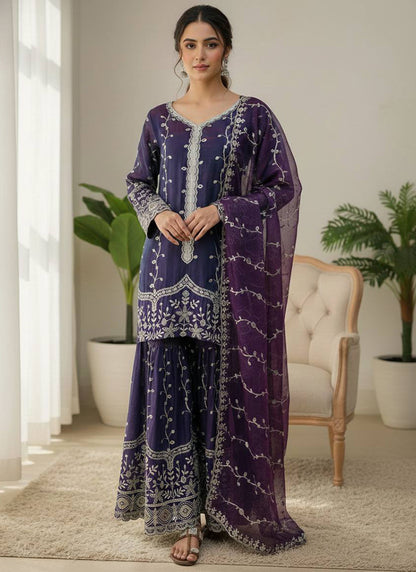 Purple Fendi Silk Sequins Work Eid Wear Readymade Sharara Suit SW822438