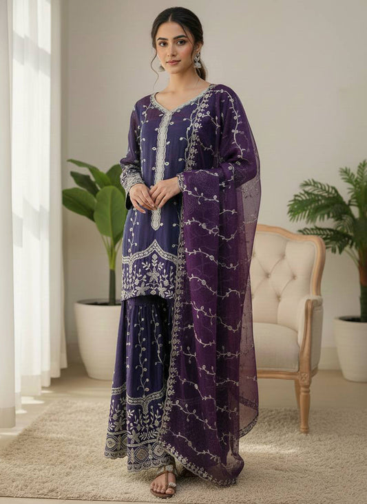 Purple Fendi Silk Sequins Work Eid Wear Readymade Sharara Suit SW822438