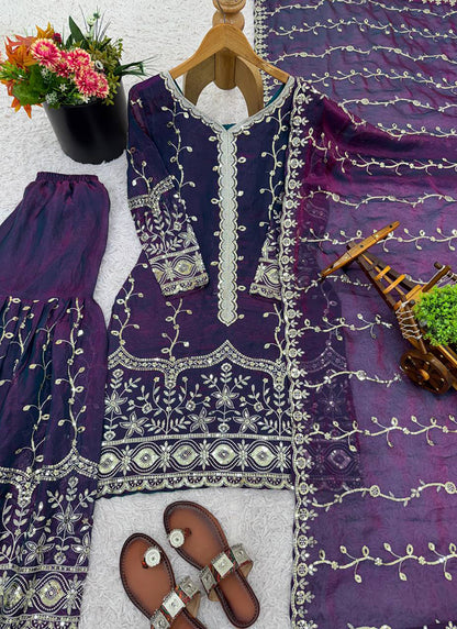 Purple Fendi Silk Sequins Work Eid Wear Readymade Sharara Suit SW822438