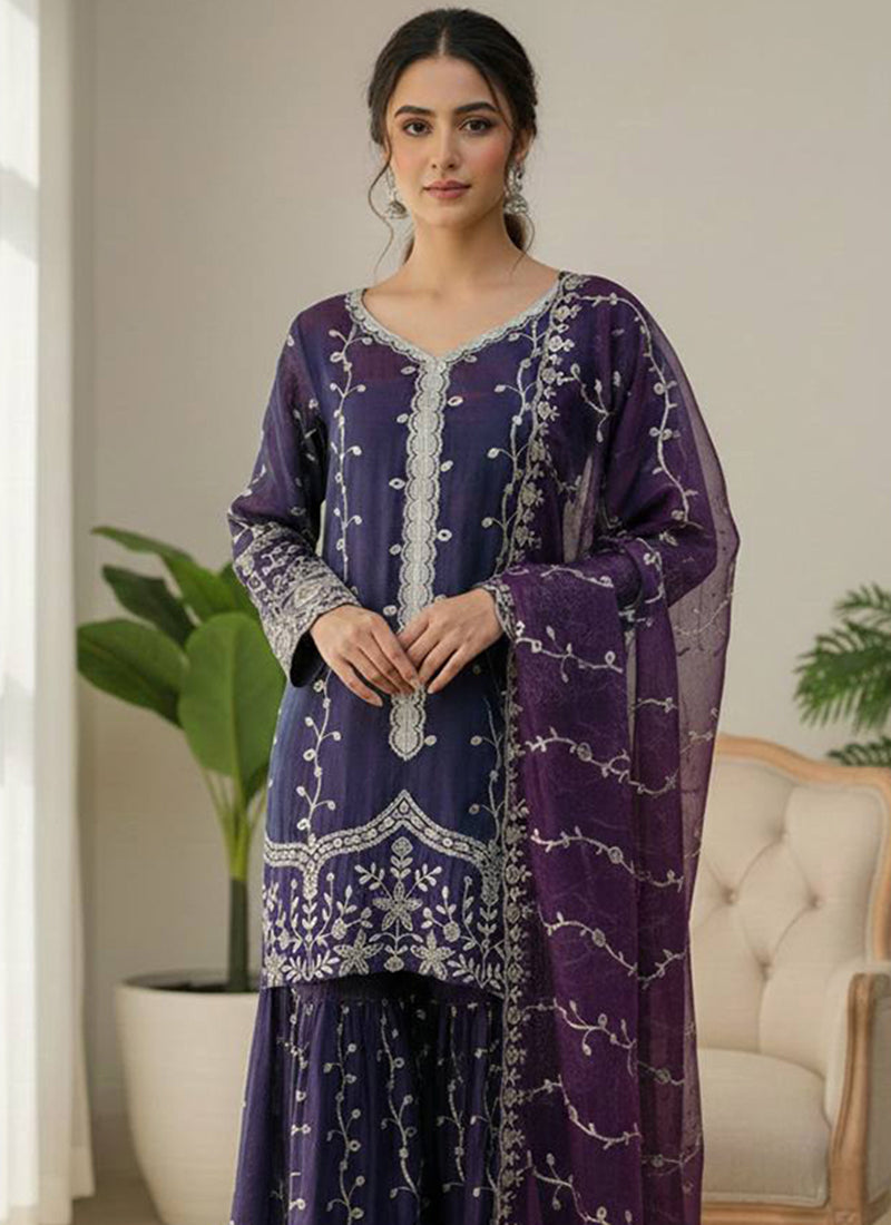 Purple Fendi Silk Sequins Work Eid Wear Readymade Sharara Suit SW822438