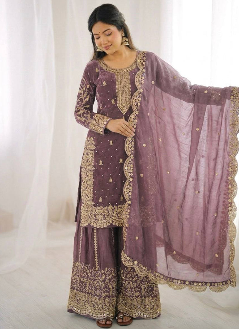 Purple Fendi Silk Embroidery Work Festival Wear Readymade Plazzo Suit SW342885