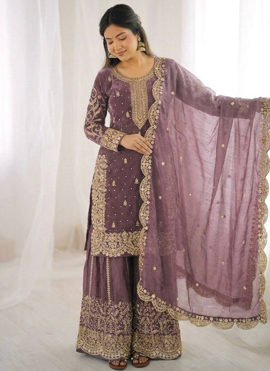 Purple Fendi Silk Embroidery Work Festival Wear Readymade Plazzo Suit SW342885