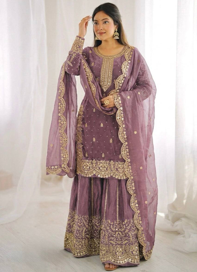 Purple Fendi Silk Embroidery Work Festival Wear Readymade Plazzo Suit SW342885
