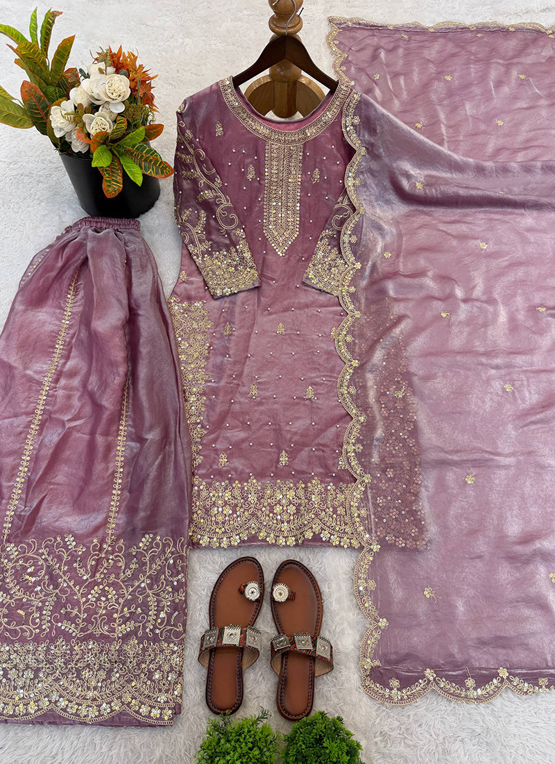Purple Fendi Silk Embroidery Work Festival Wear Readymade Plazzo Suit SW342885