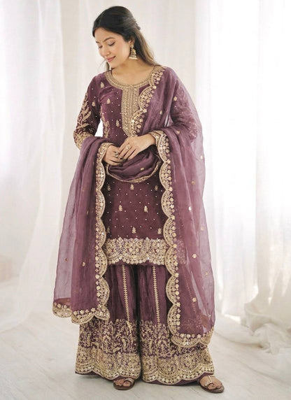 Purple Fendi Silk Embroidery Work Festival Wear Readymade Plazzo Suit SW342885
