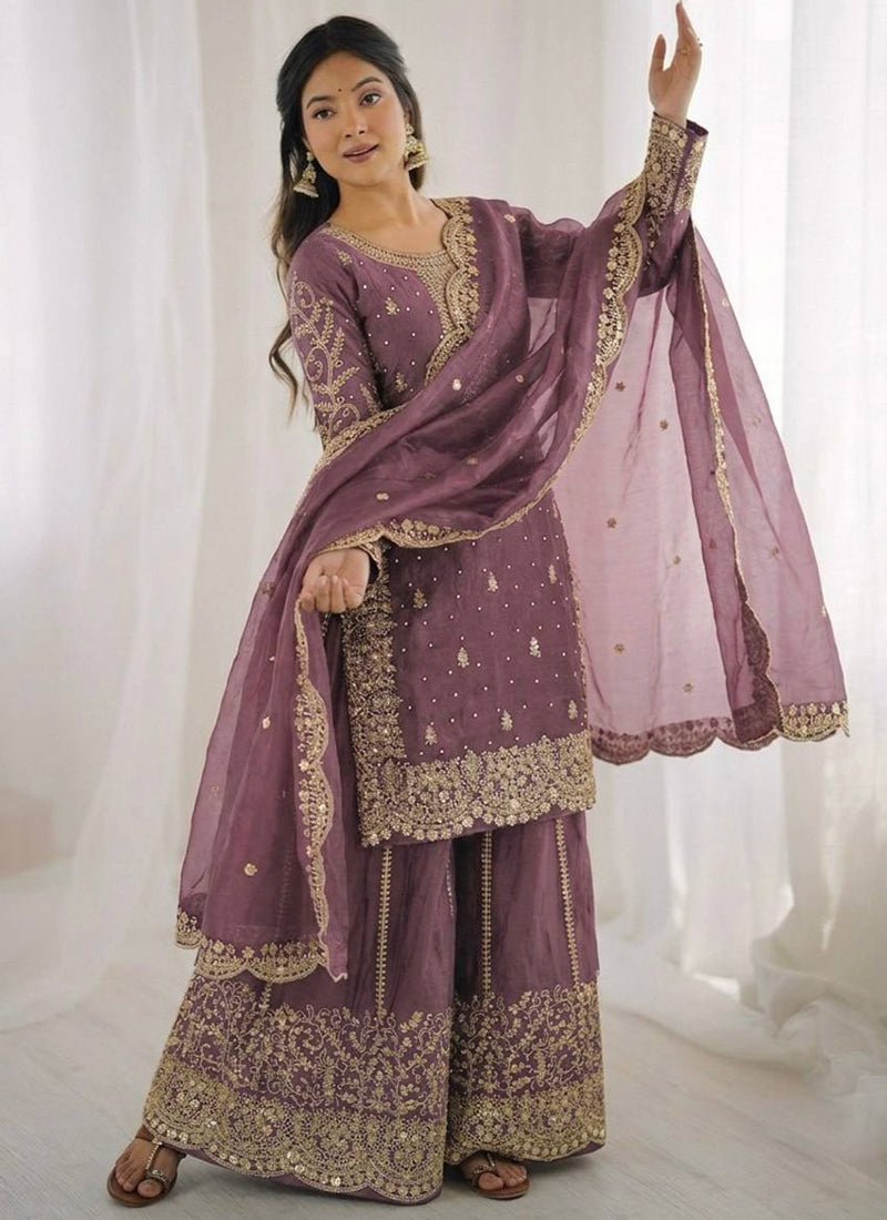 Purple Fendi Silk Embroidery Work Festival Wear Readymade Plazzo Suit SW342885