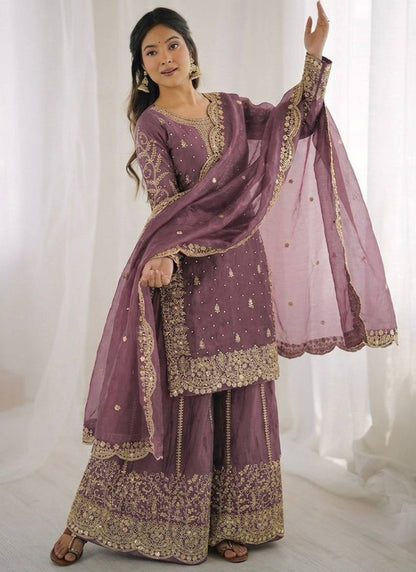 Purple Fendi Silk Embroidery Work Festival Wear Readymade Plazzo Suit SW342885