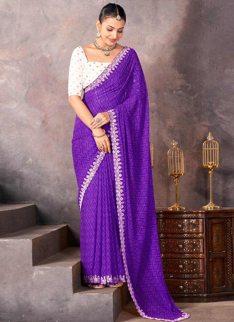 Georgette Purple Saree with Embroidery Work for Daily Wear 382819