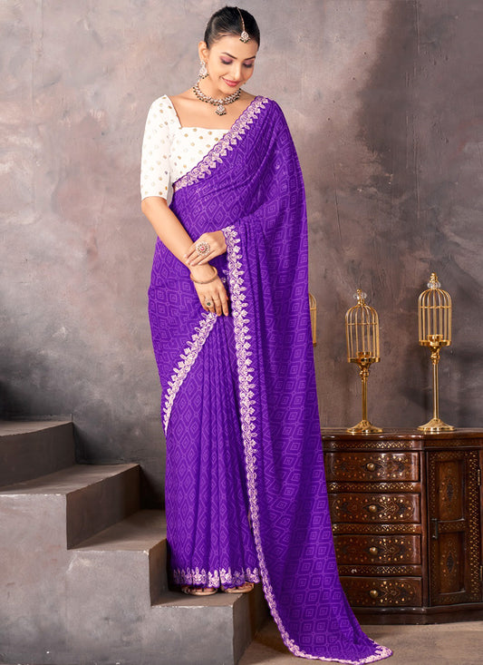 Georgette Purple Saree with Embroidery Work for Daily Wear 382819