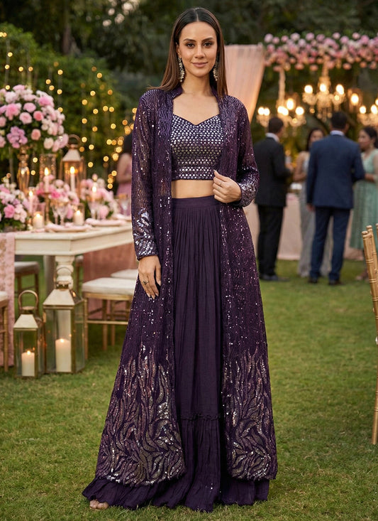 Georgette Purple Designer Wear Sequins Work Designer Suit 390704